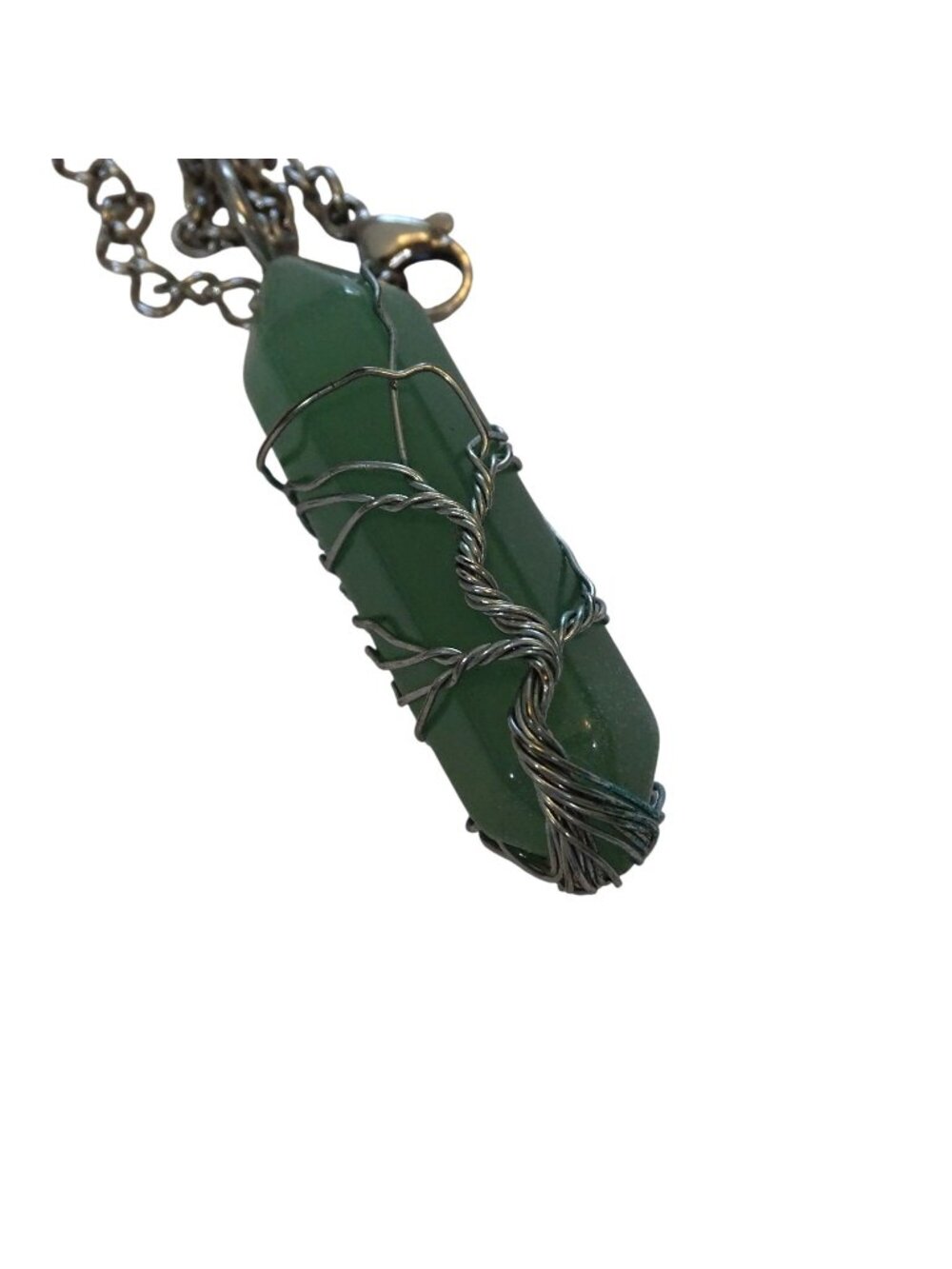 Green Aventurine Tree of Life Crystal Pendant Necklace Silver Tone Chain